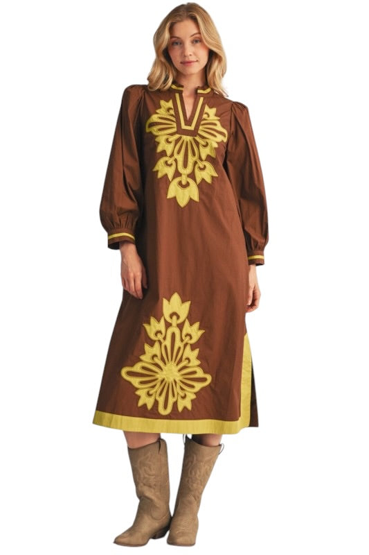 Brown & Citron Appliqué Midi