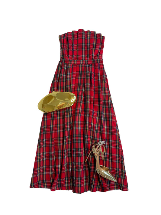 Tartan Plaid Pleated Strapless Midi