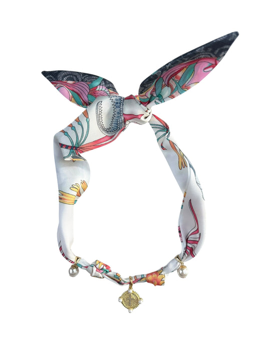 White Safari Scarf Necklace W/ Cross & Pearl Pendant