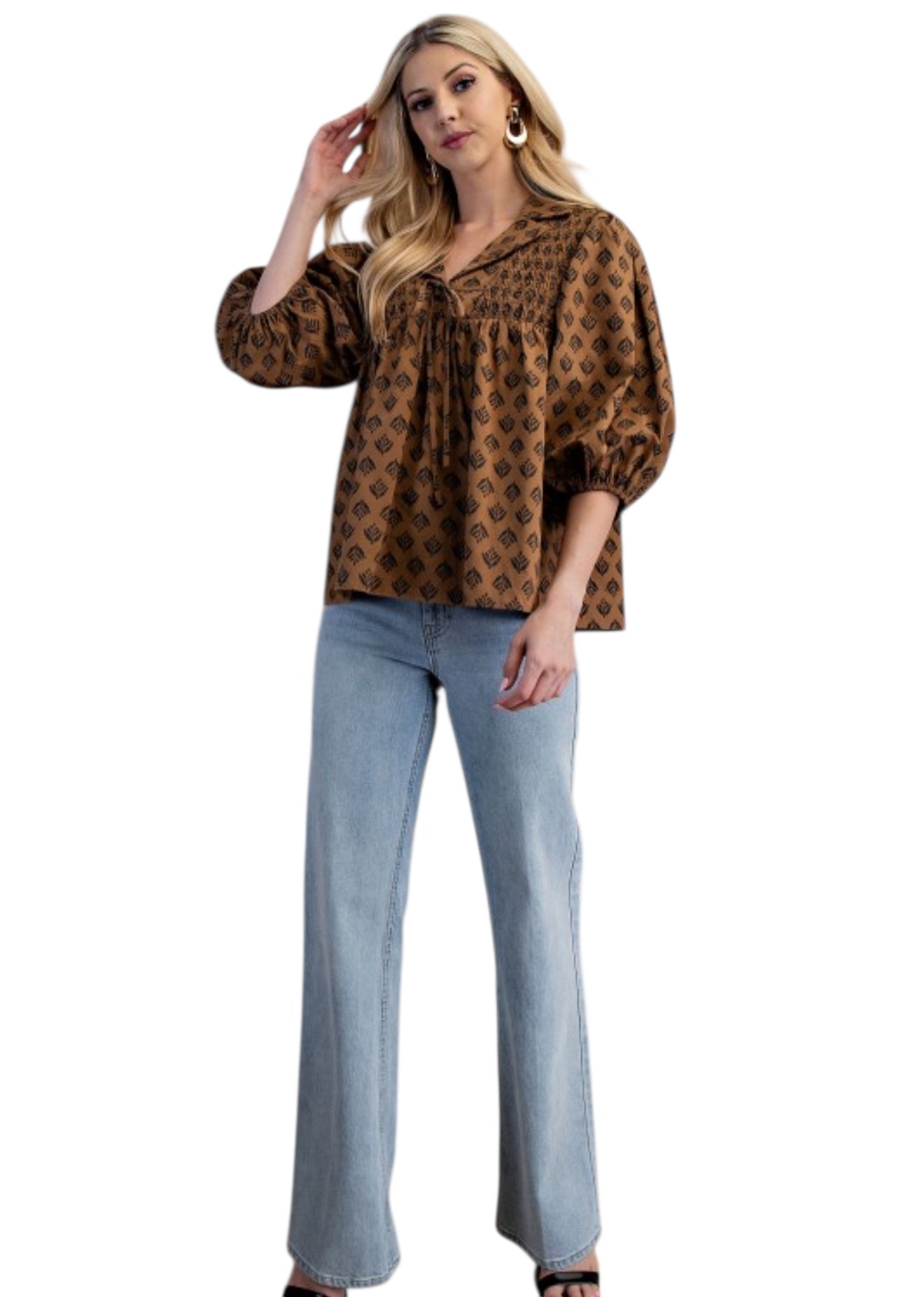 Smocked Tie Front Top in Brown & Black