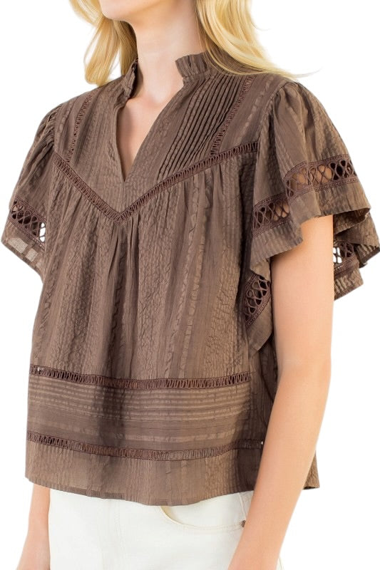 Flutter Sleeve Pintuck Top in Chocolate