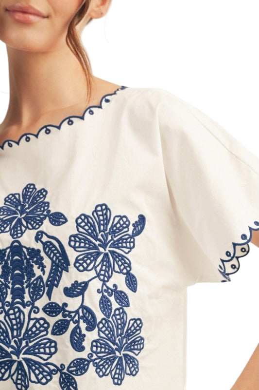 Blue Parrots Embroidered Top