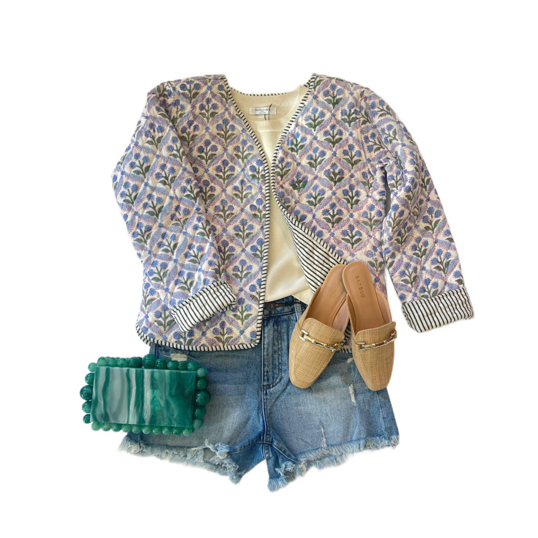 Camp Quilted Jacket in Periwinkle & Green Dianthus- PREORDER