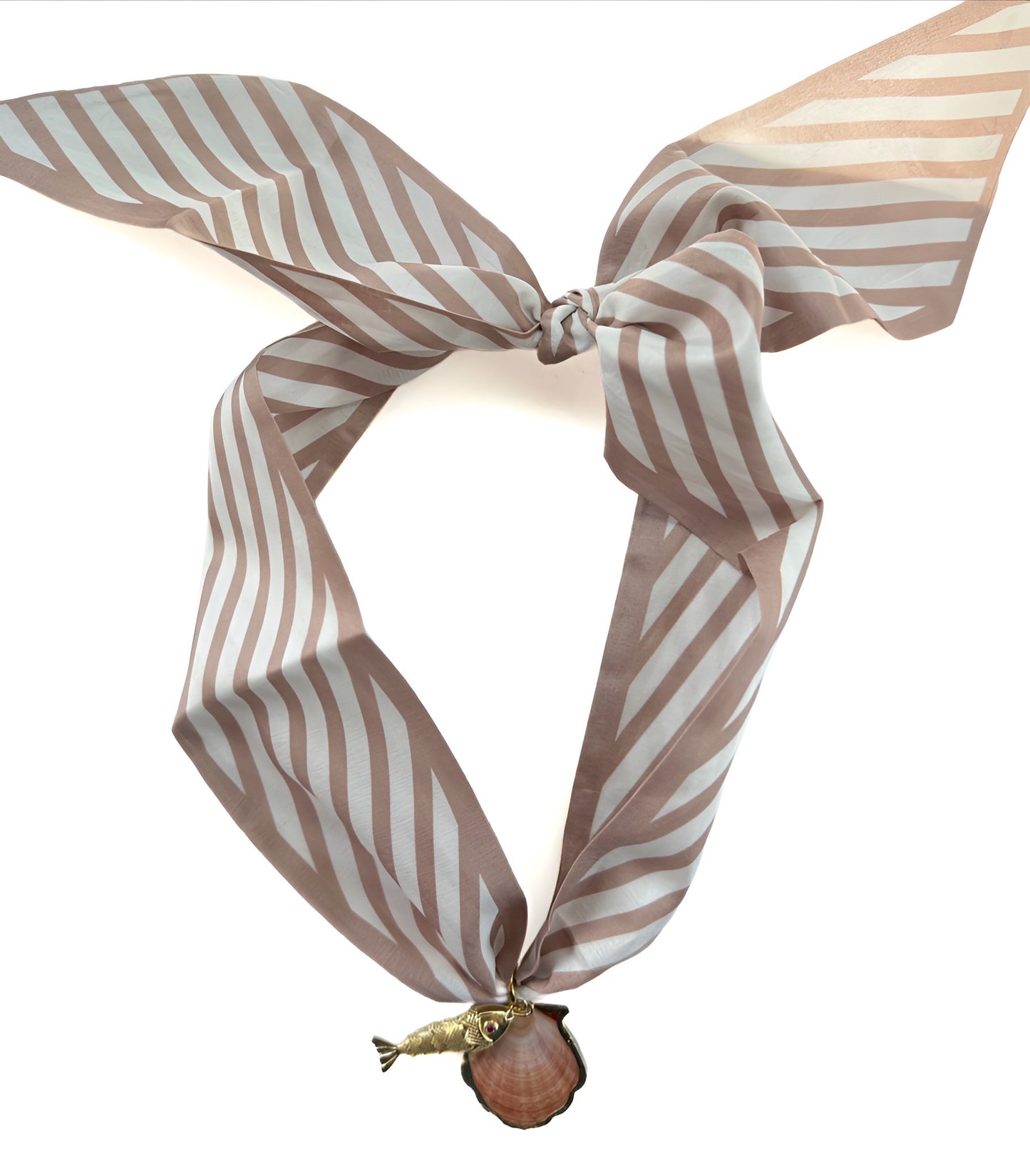 Tan Stripes Scarf Necklace w/ Shell & Fish