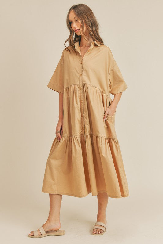 Poplin Drop Shoulder Shirt Dress in Tan
