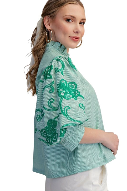 Green Stripe Embroidered Sleeve Top
