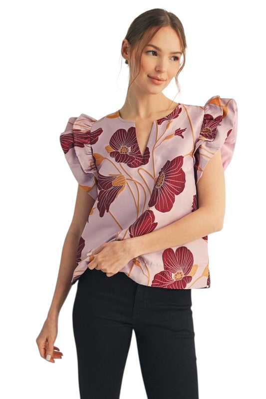 Floral Jacquard Flutter Top - 2 Colors