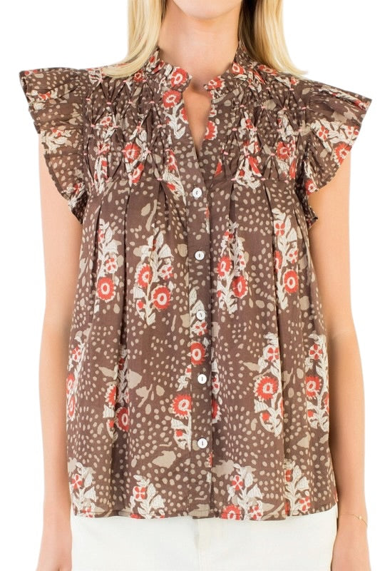 Smocking Flutter Top in Chocolate Florals