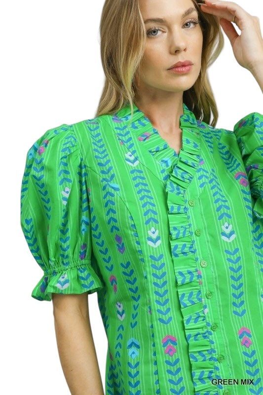 Ruffle Front Floral Top- 3 Colors