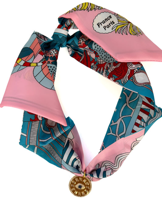 Pink & Turquoise Scarf Necklace w/ Evil Eye Pendant