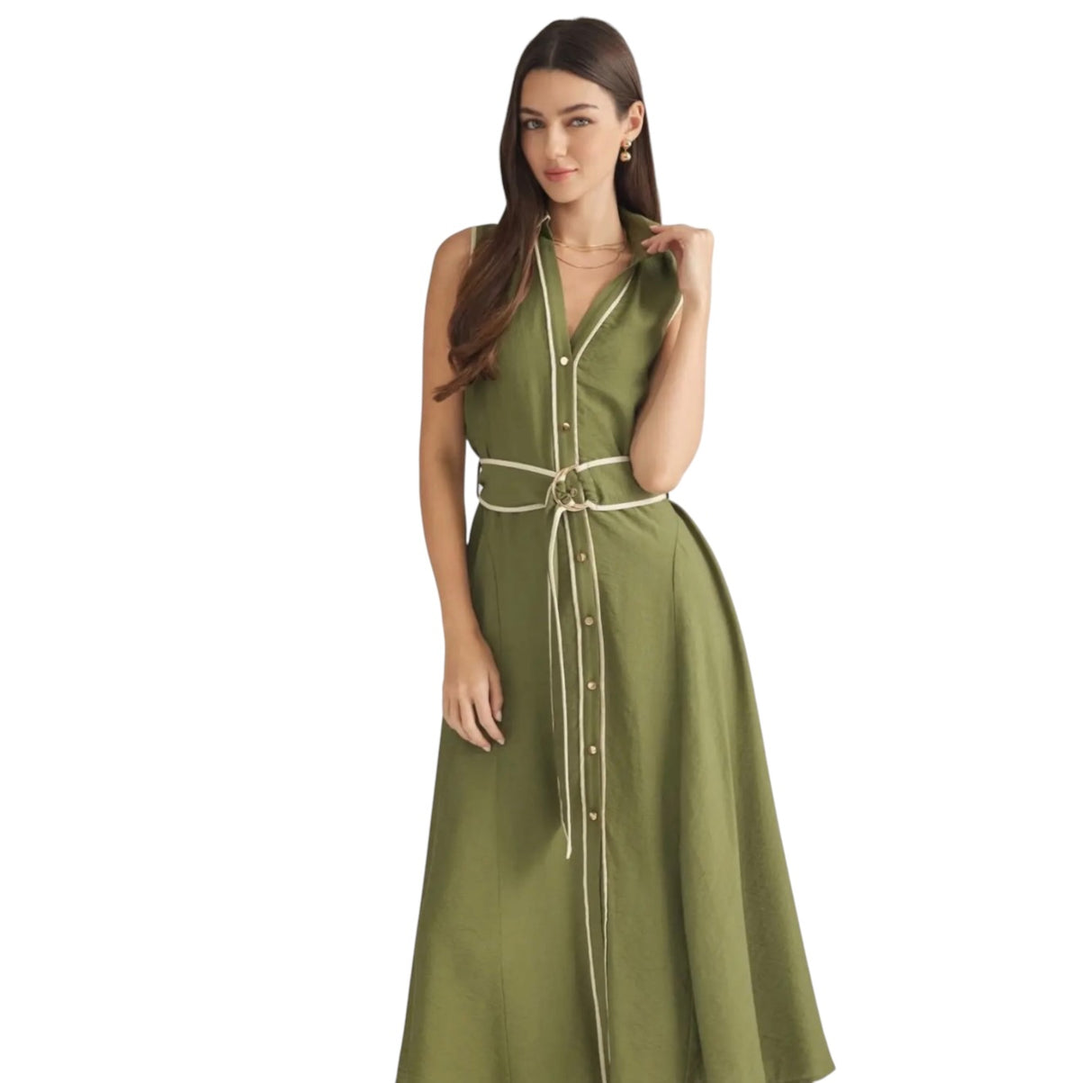 Sleeveless Olive Belted Midi