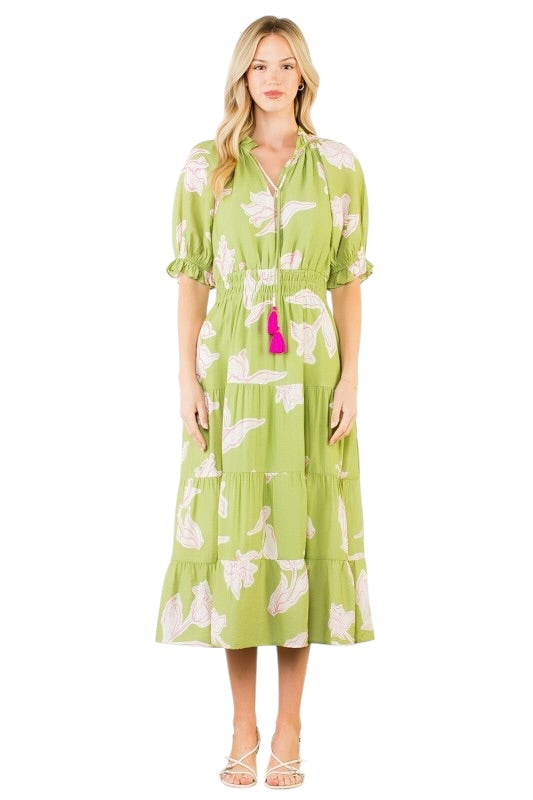 Lime Tulips Elastic Waist Midi