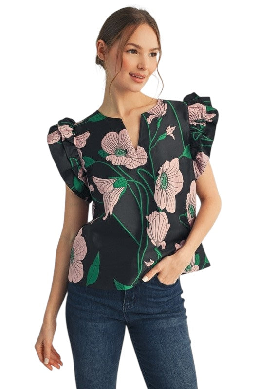 Floral Jacquard Flutter Top - 2 Colors