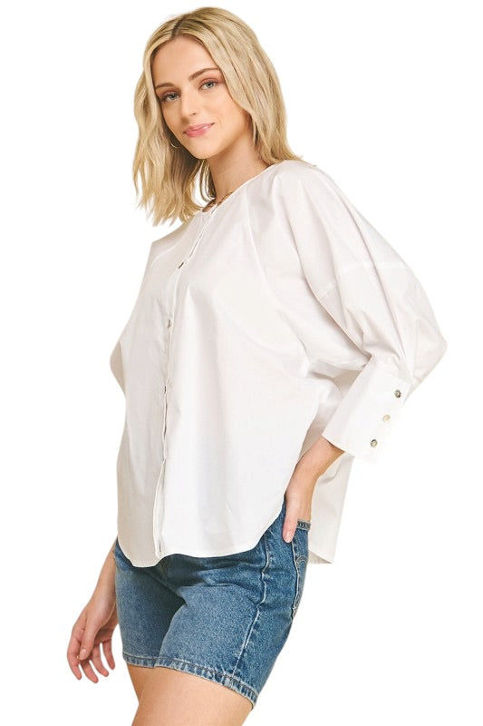 Button Front Poplin Blouse in White