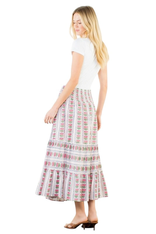 Floral Stripe Smocked Midi Skirt