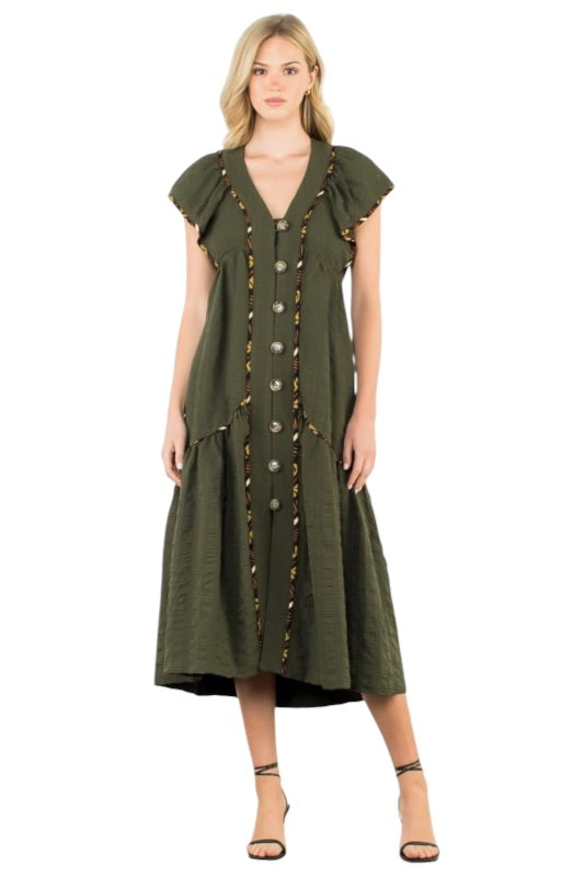 Olive Flutter Sleeve Midi