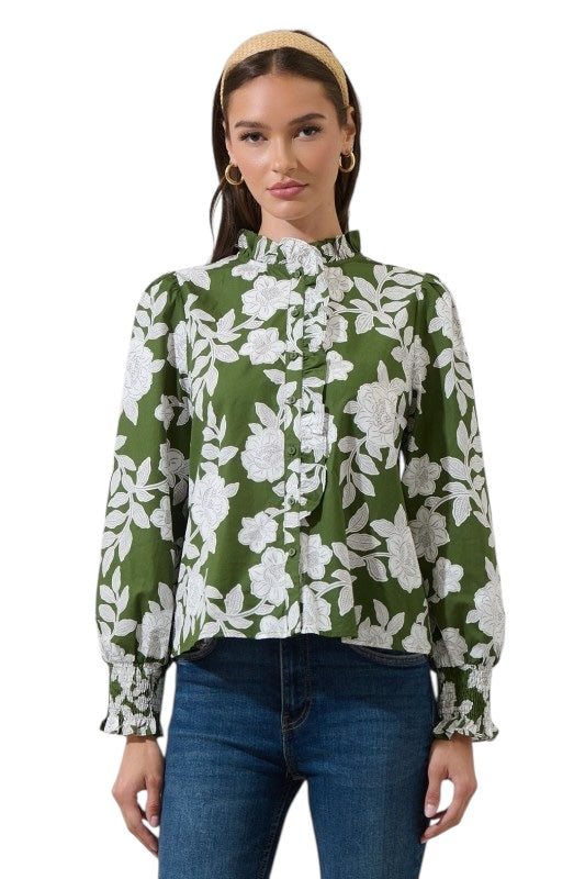 Olive Bloom Poplin Blouse