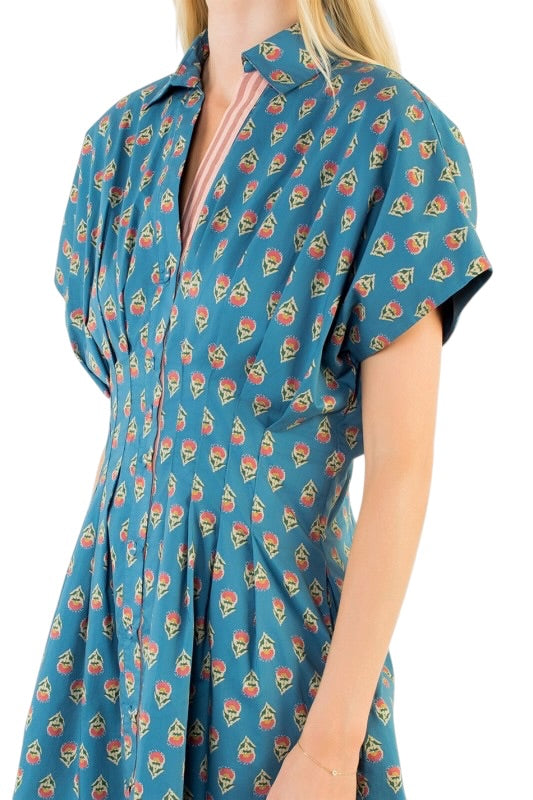 Teal BlockPrint Pleated Mini