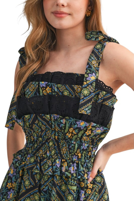 Floral & Eyelet Tie Shoulder Romper