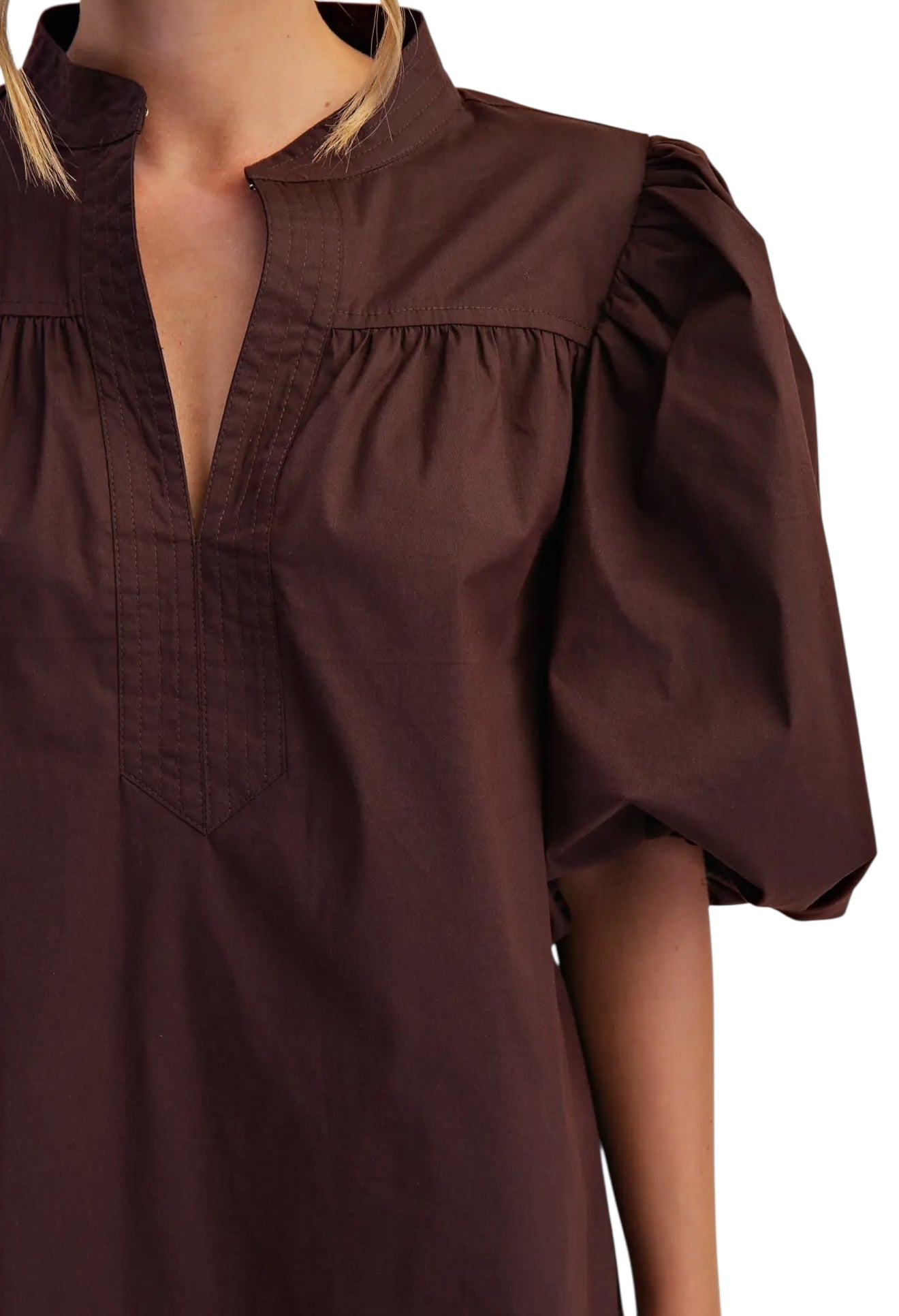 Mandarin Collar Poplin Mini in Chocolate