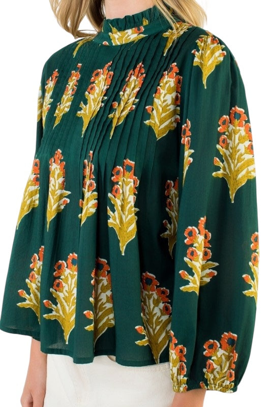 Green Floral Pleats Top