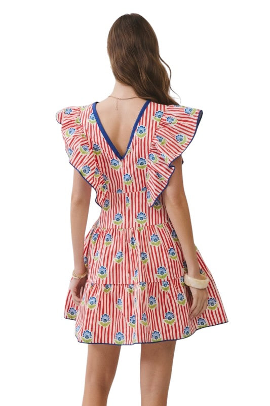 Red Stripe Ruffle Shoulder Mini
