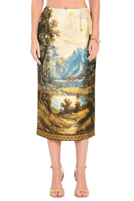 Watercolor Landscape Pencil Skirt