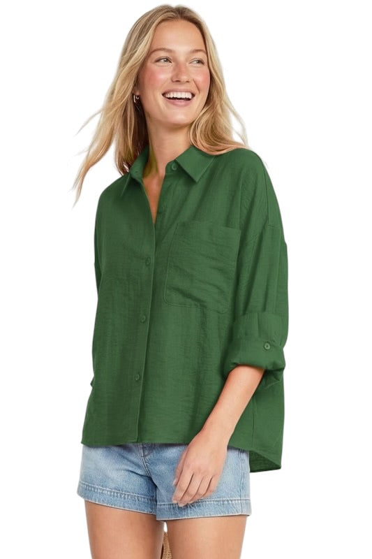 Linen Blend Rolled Sleeve Top- 3 Colors