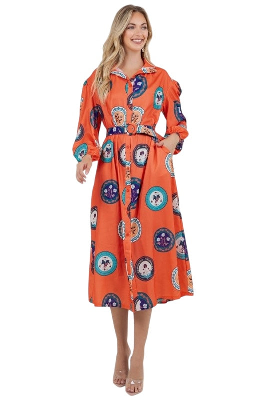 Orange Plates Midi Shirt Dress