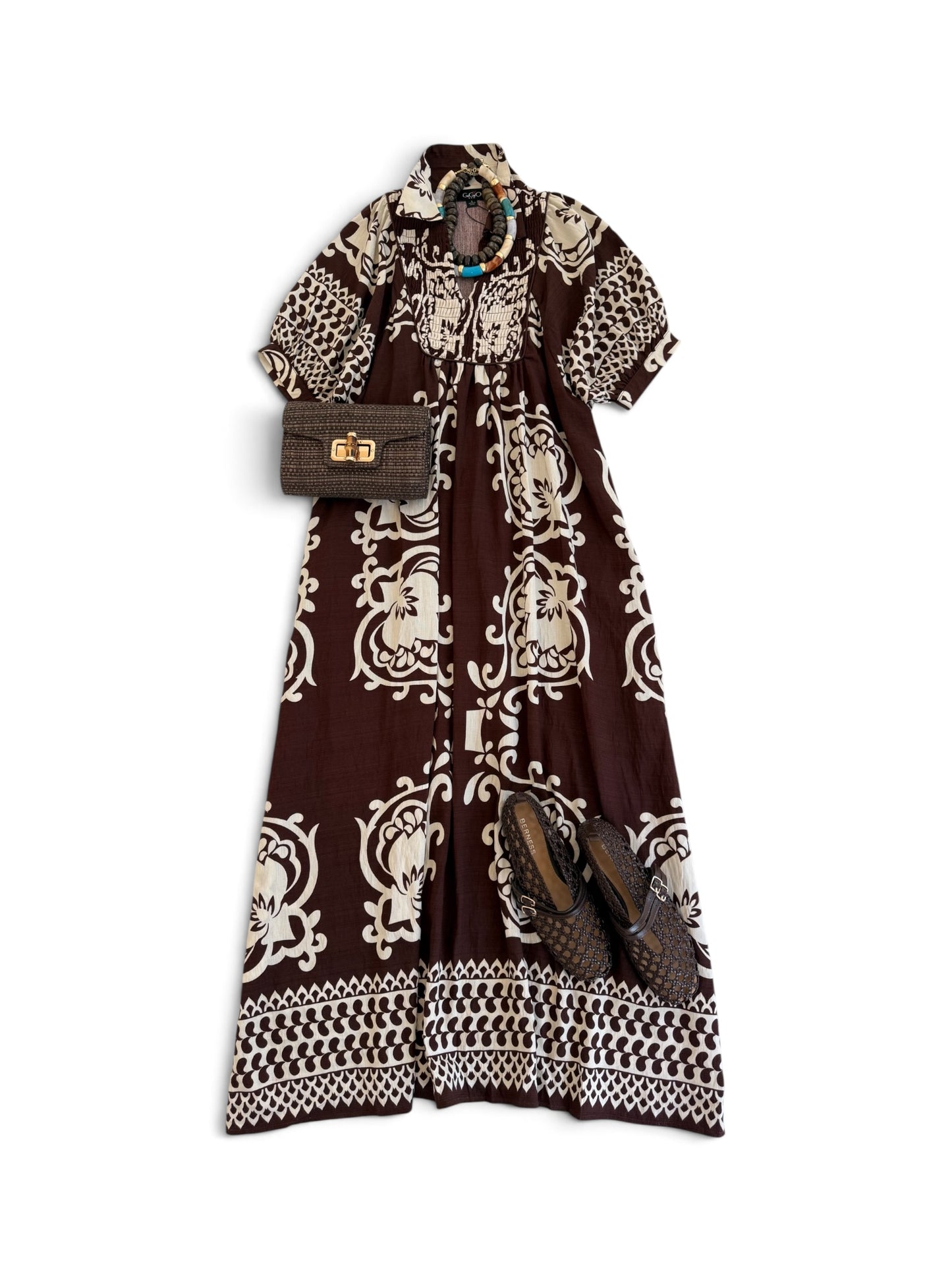 Smocked Collared Midi in Chocolate Medallion
