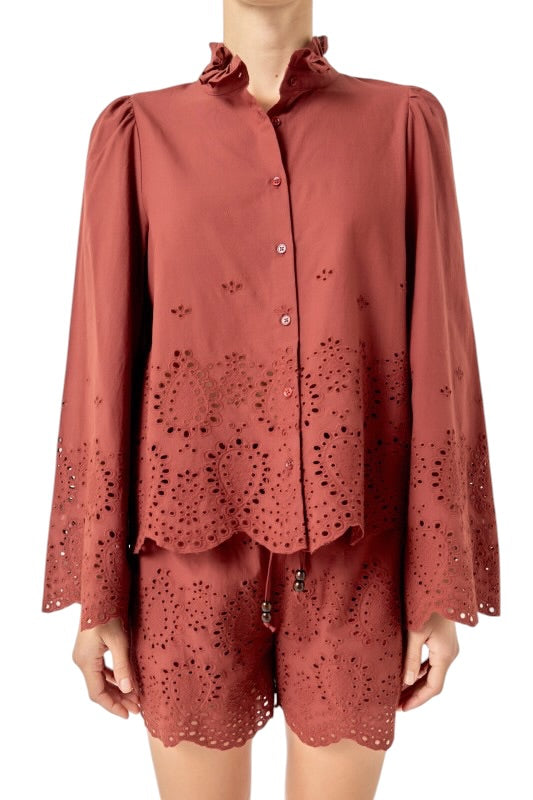 Eyelet Bell Sleeve Set in Rust