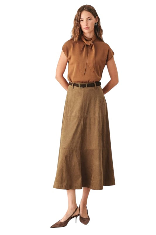 Suede Belted Midi Skirt