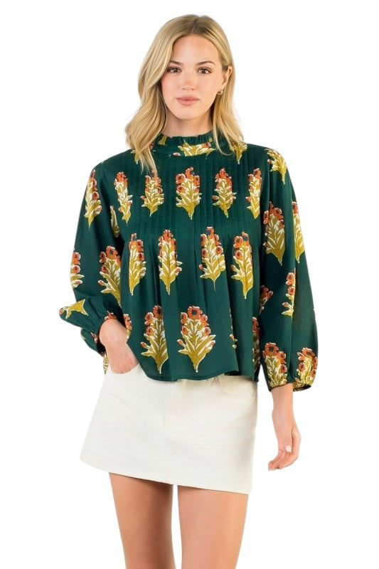 Green Floral Pleats Top