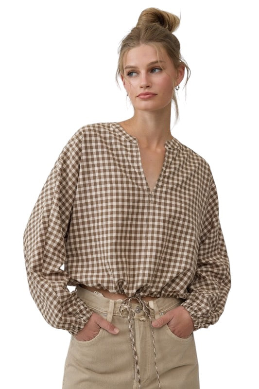 Gingham Drawstring Blouse- 2 Colors