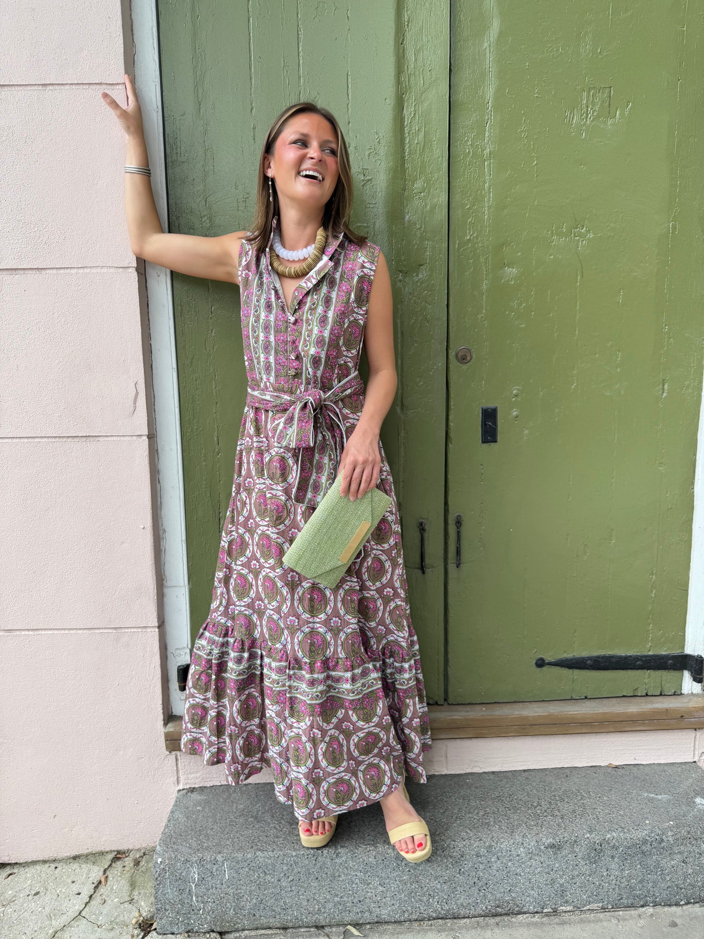 Sleeveless State Street Maxi in Peri & Pink Circles