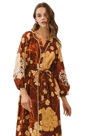 Brown Florals Embroidered Midi