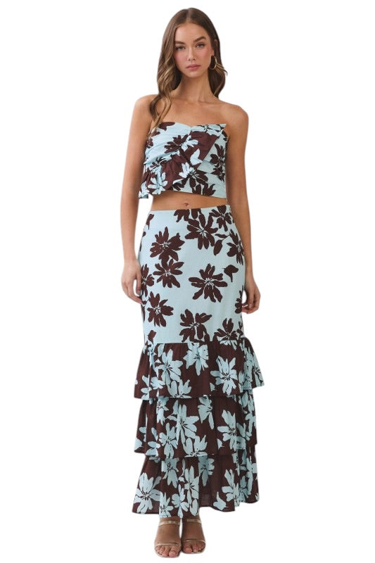 Chocolate & Blue Ruffle Midi Skirt Set
