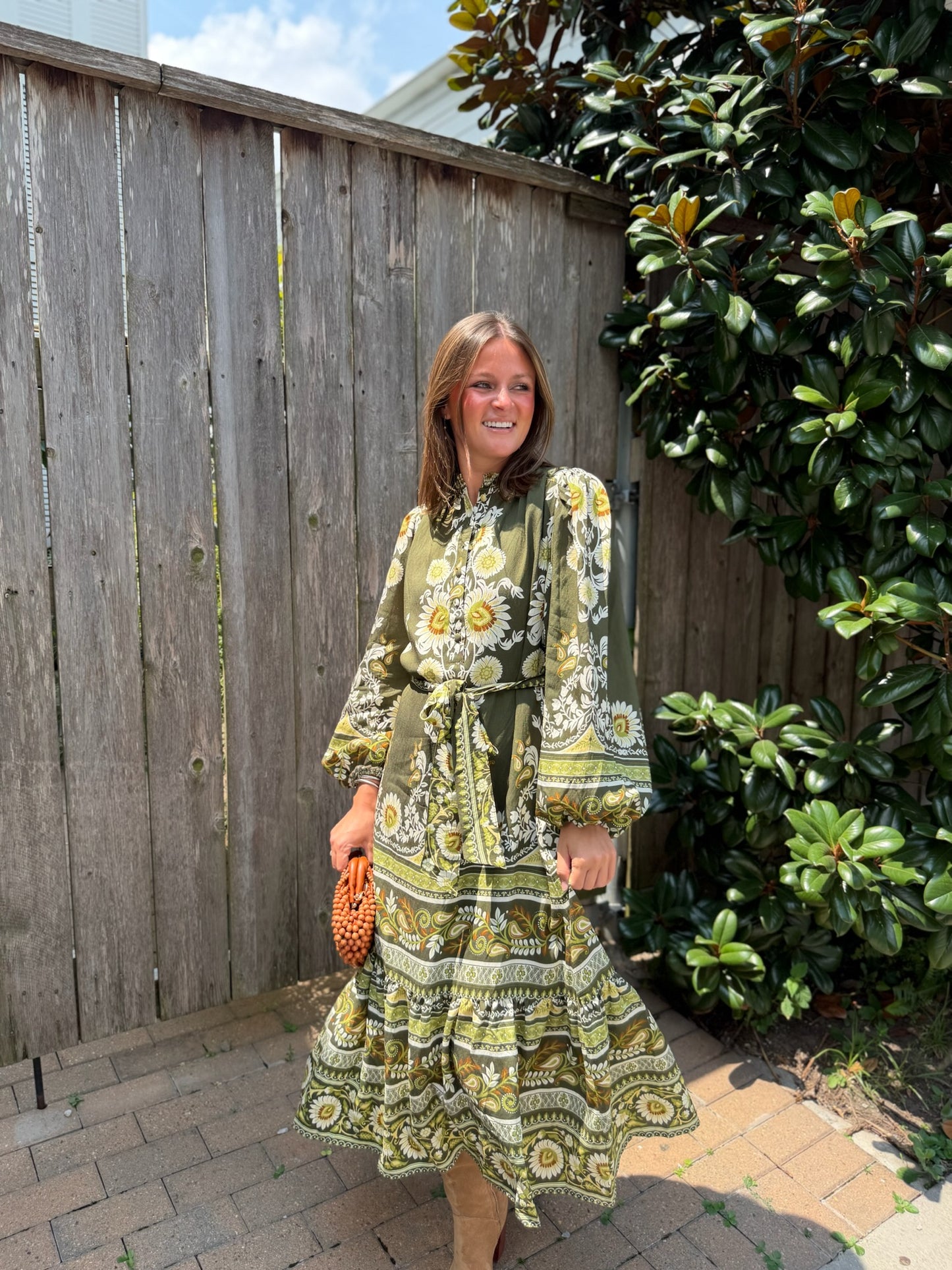 Olive Peasant Sleeve Midi