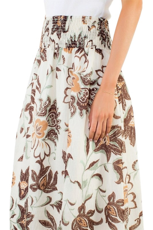 Smocked Chestnut & Ivory Midi Skirt