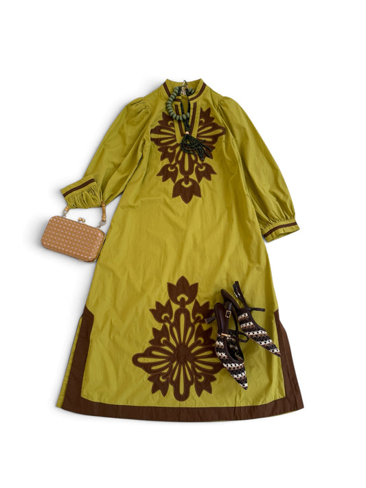 Chartreuse & Brown Appliqué Midi