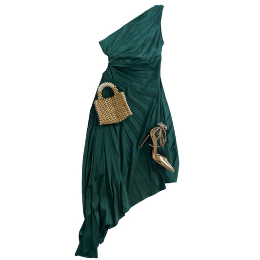 One Shoulder Pleated Midi in Green