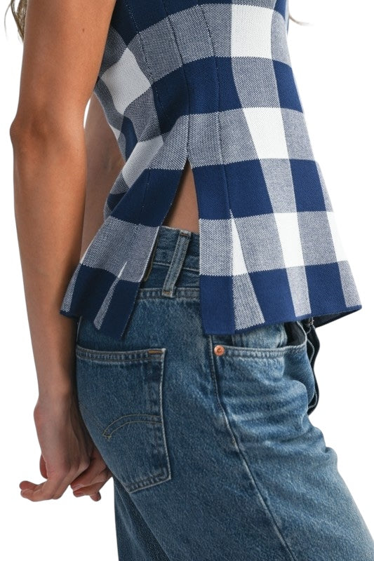 Gingham Knit Top in Navy