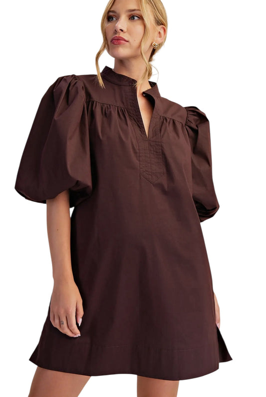 Mandarin Collar Poplin Mini in Chocolate
