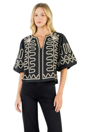 Embroidered Split Neck Top