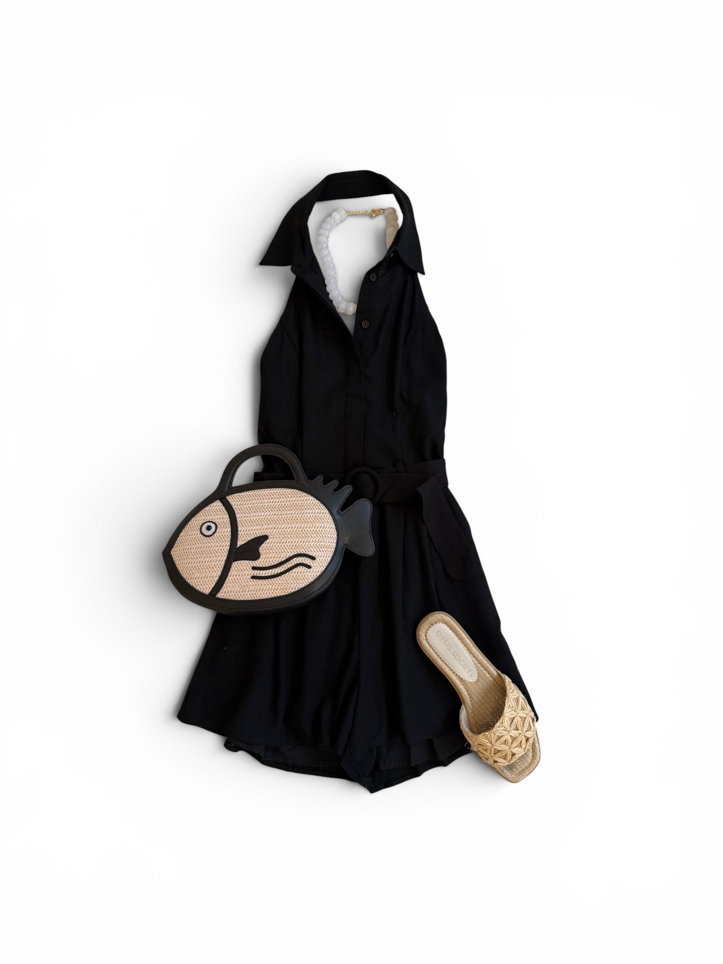 Halter Neck Belted Romper in Black