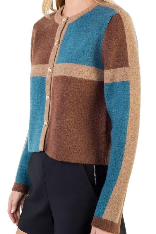Brown & Blue Colorblock Cardigan