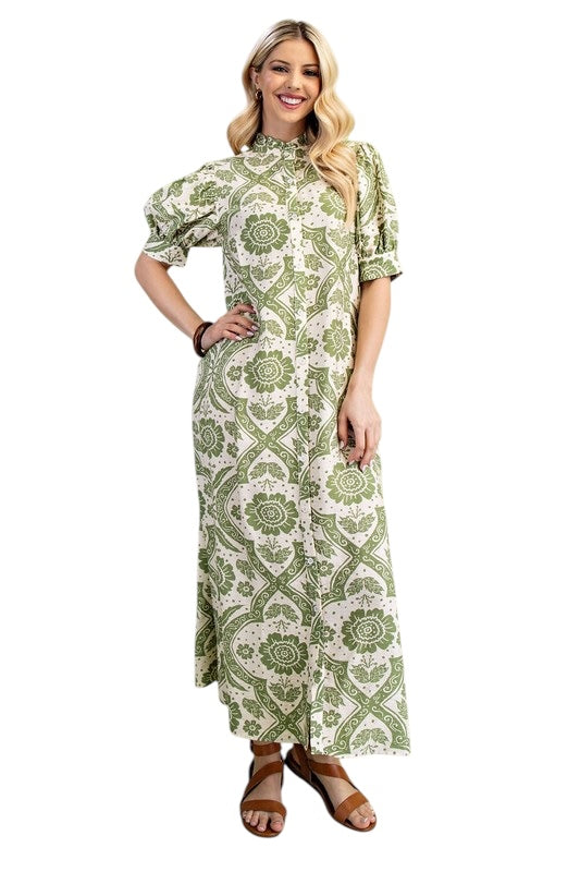 Ruffled Neck Shirt Dress in Green