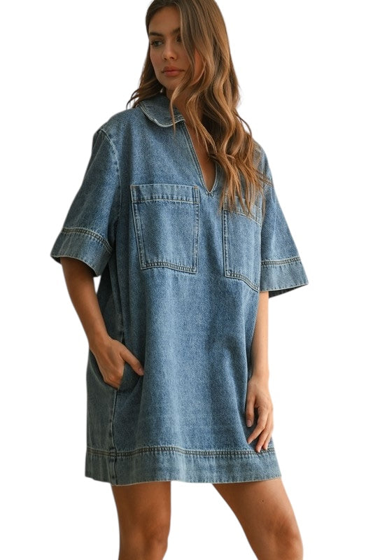 Collared Patch Pocket Denim Shift