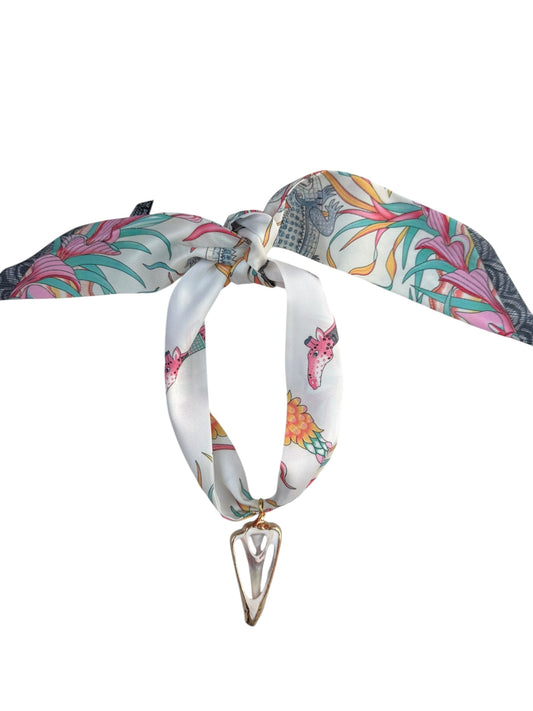 White Safari Toile Scarf Necklace w/ Flat Shell Pendant