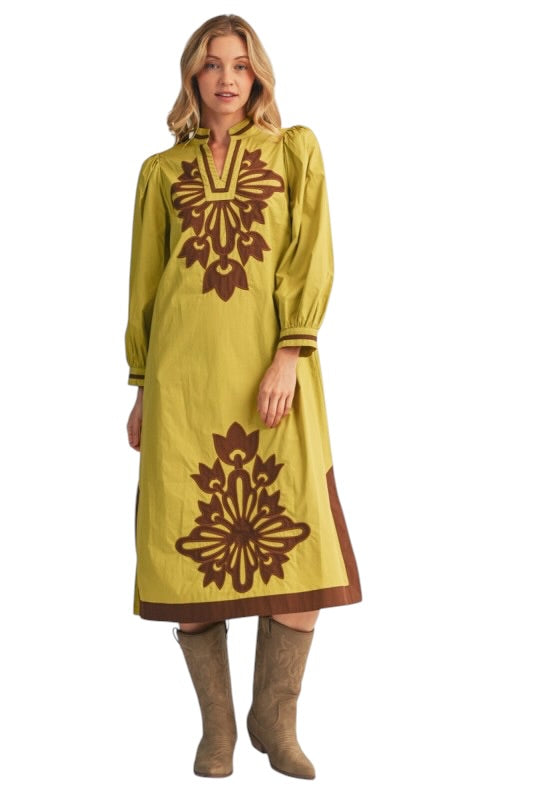 Chartreuse & Brown Appliqué Midi